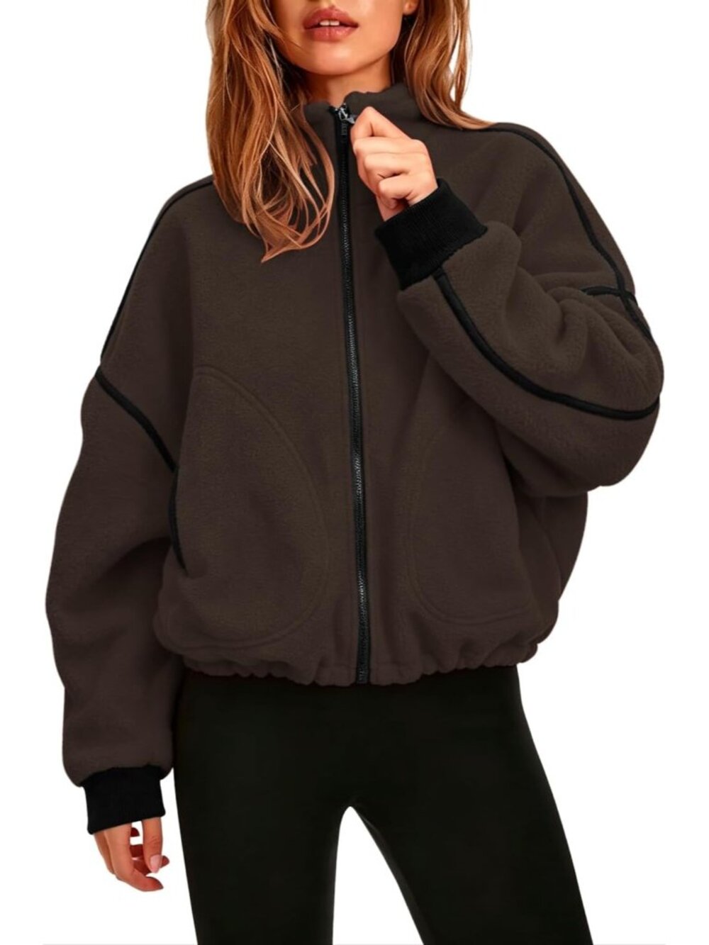 Women Brown 100% Polyester Stand Collar Pocket Cropped Full-Zip Up Sherpa Jacket